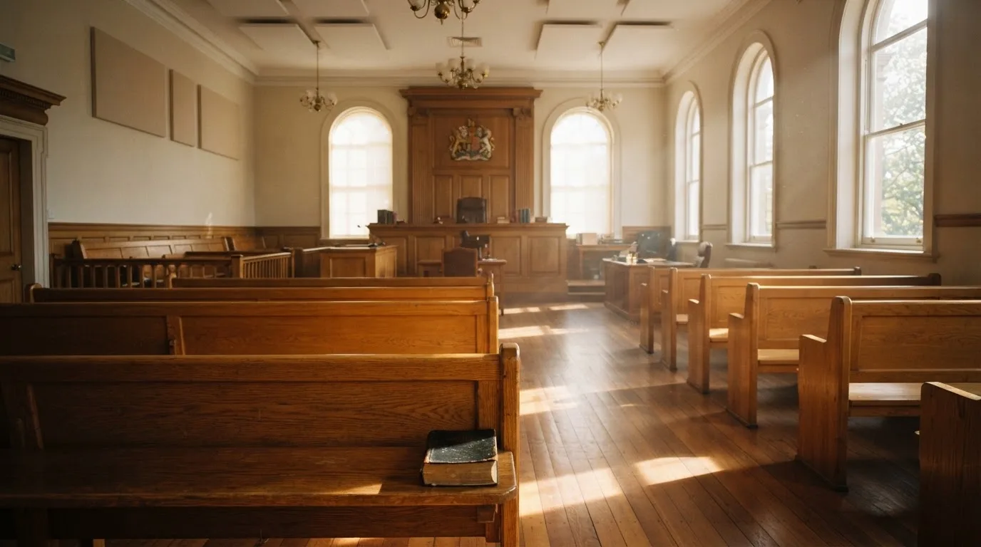 An empty courtroom with wooden benches in morning light