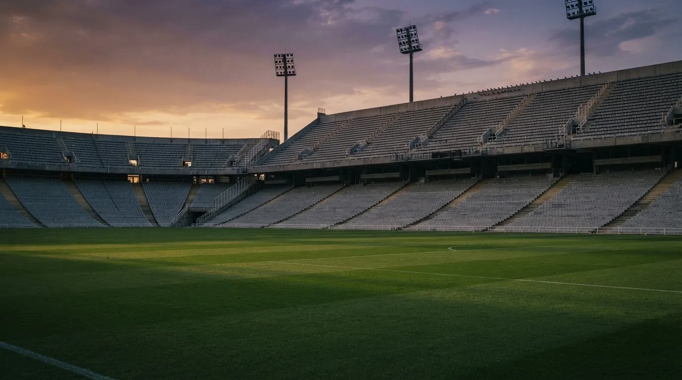 An empty football stadium with floodlight masts at dusk