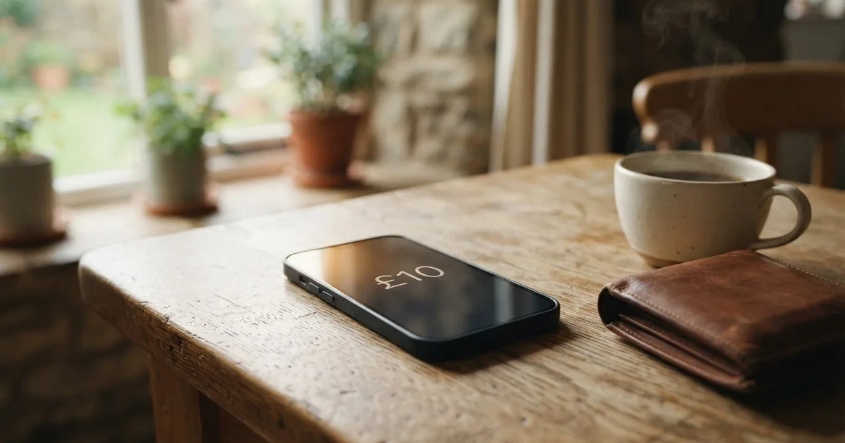 A smartphone on a wooden table beside a wallet and a coffee cup