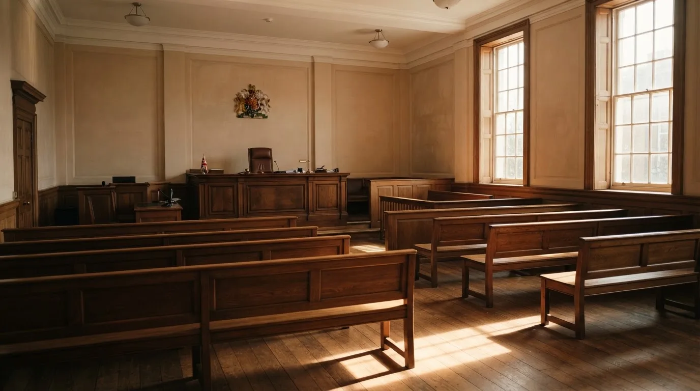 An empty courtroom with wooden benches in morning light