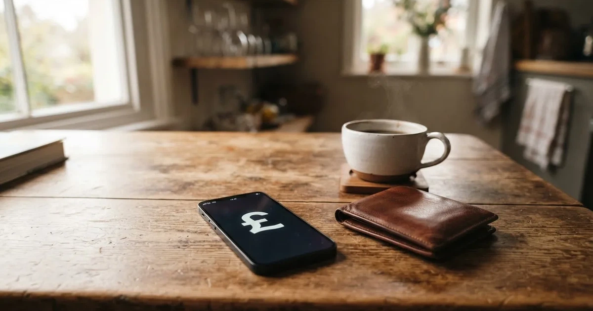 A smartphone on a wooden table beside a wallet and a coffee cup