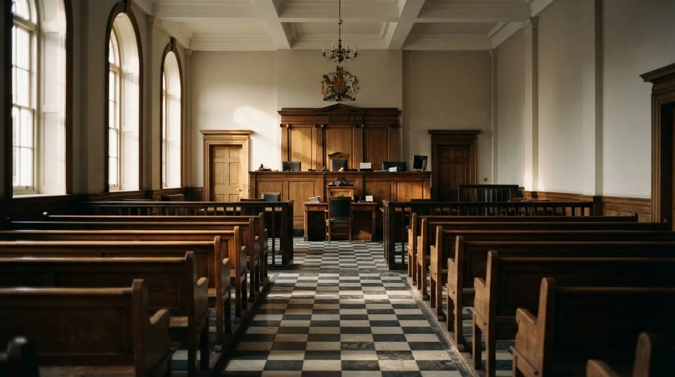 An empty courtroom with wooden benches in morning light