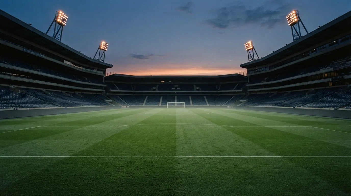 An empty football stadium with floodlight masts at dusk