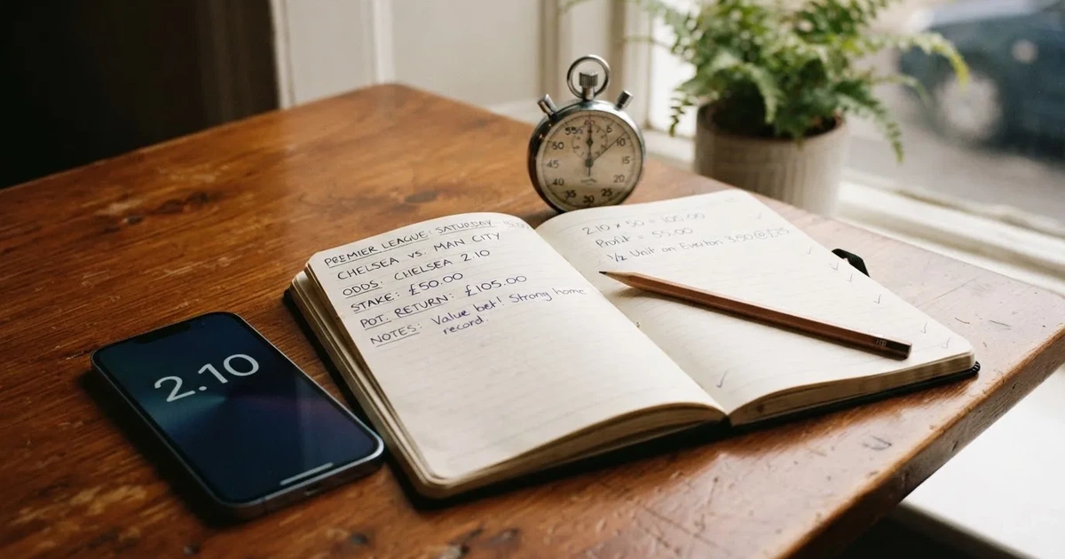 An open notebook with a pencil and a stopwatch on a wooden table