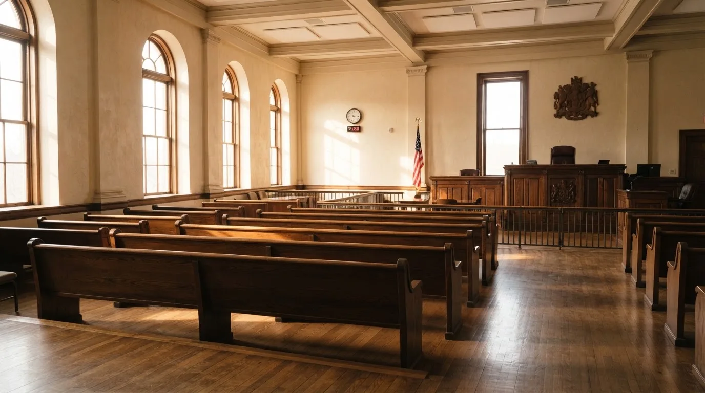 An empty courtroom with wooden benches in morning light
