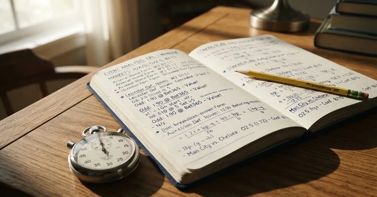 An open notebook with a pencil and a stopwatch on a wooden table