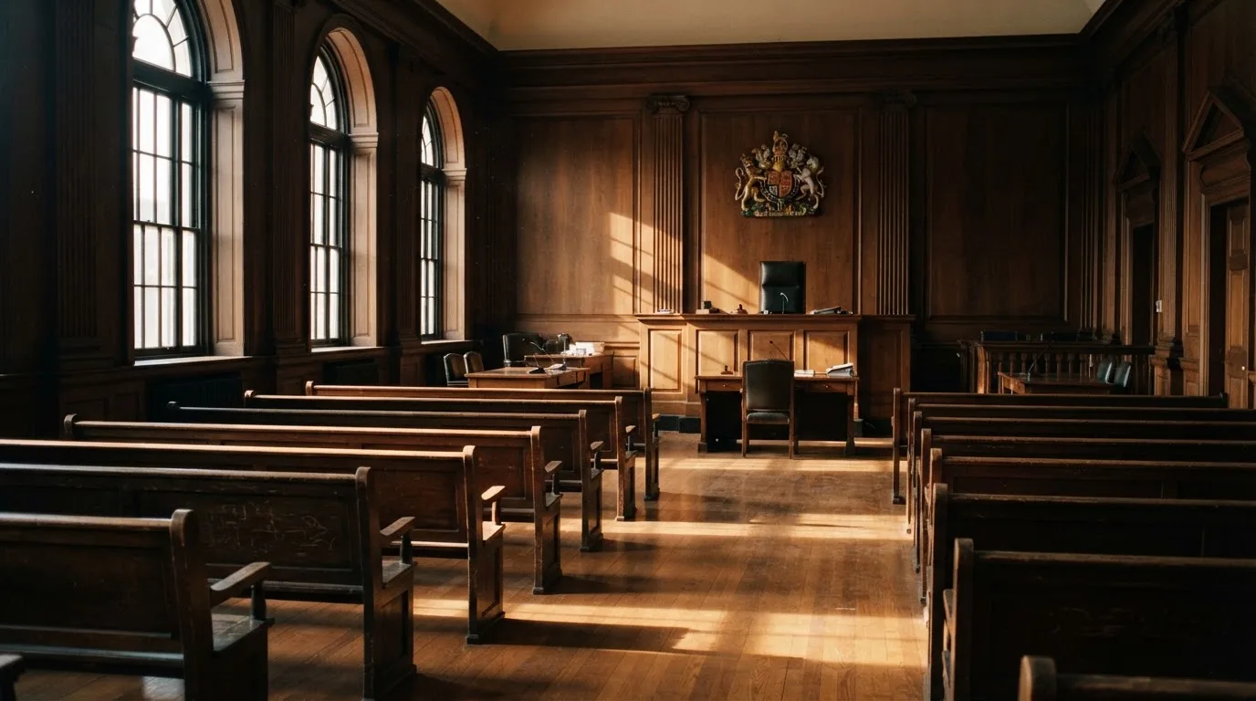 An empty courtroom with wooden benches in morning light