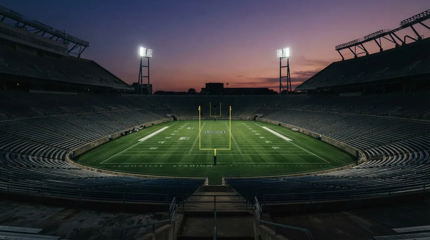 An empty football stadium with floodlight masts at dusk