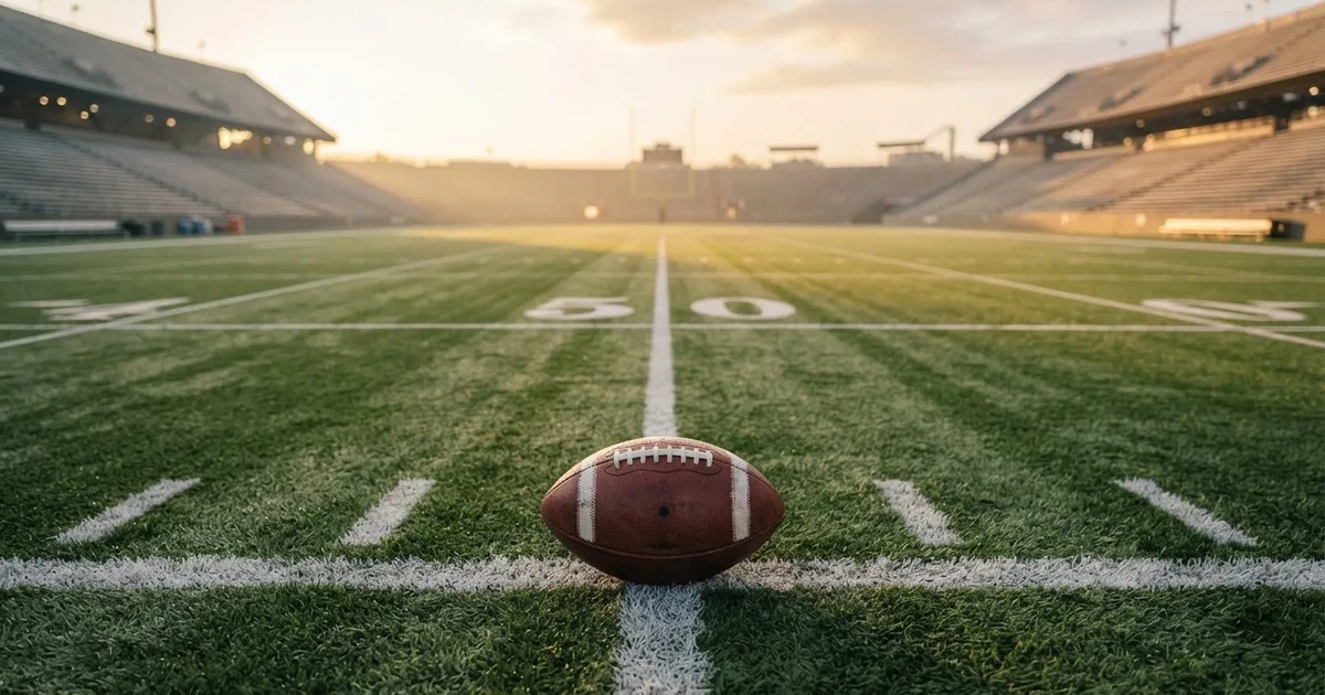 A ball on the centre spot of a grass pitch in morning light