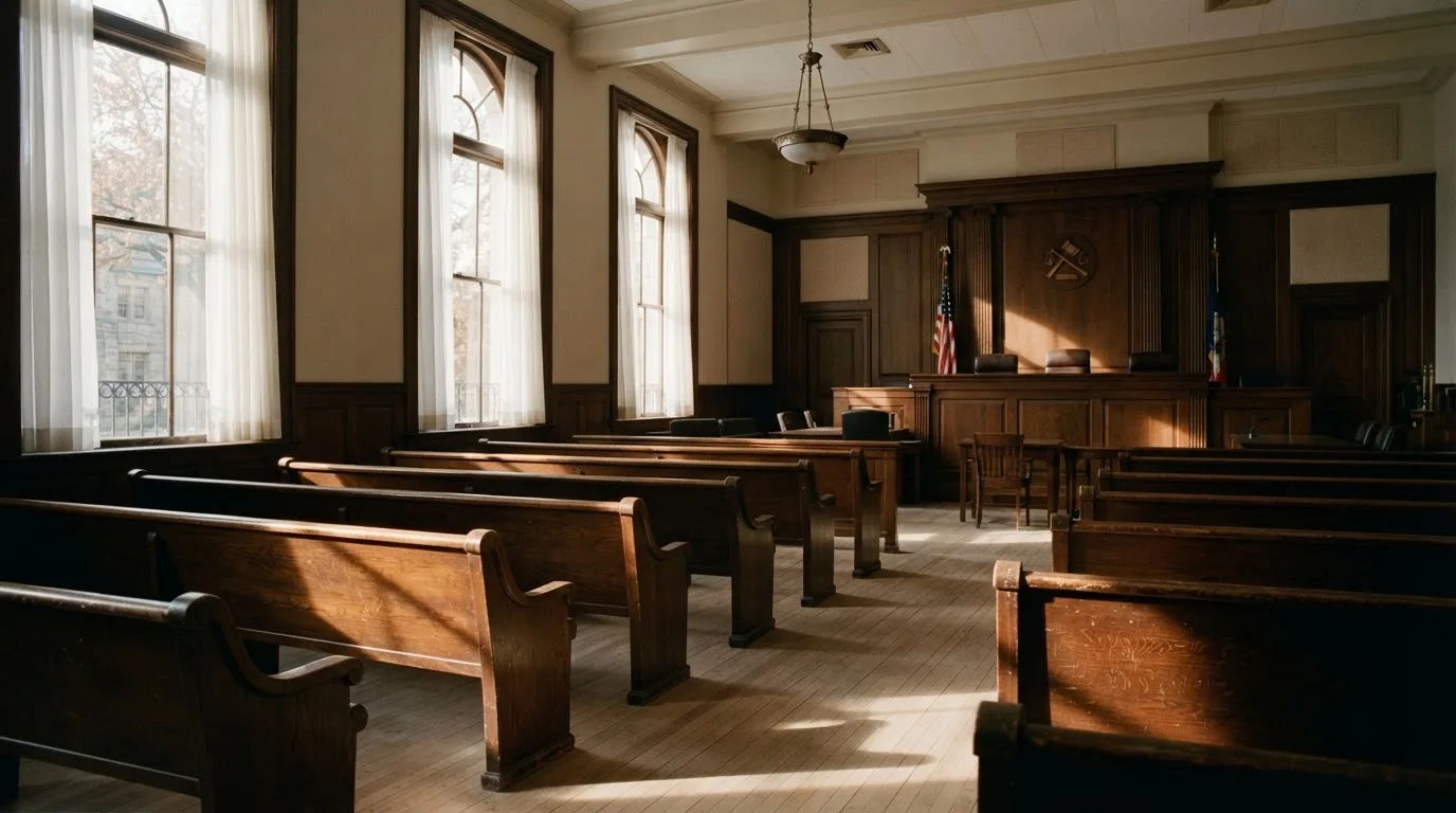 An empty courtroom with wooden benches in morning light