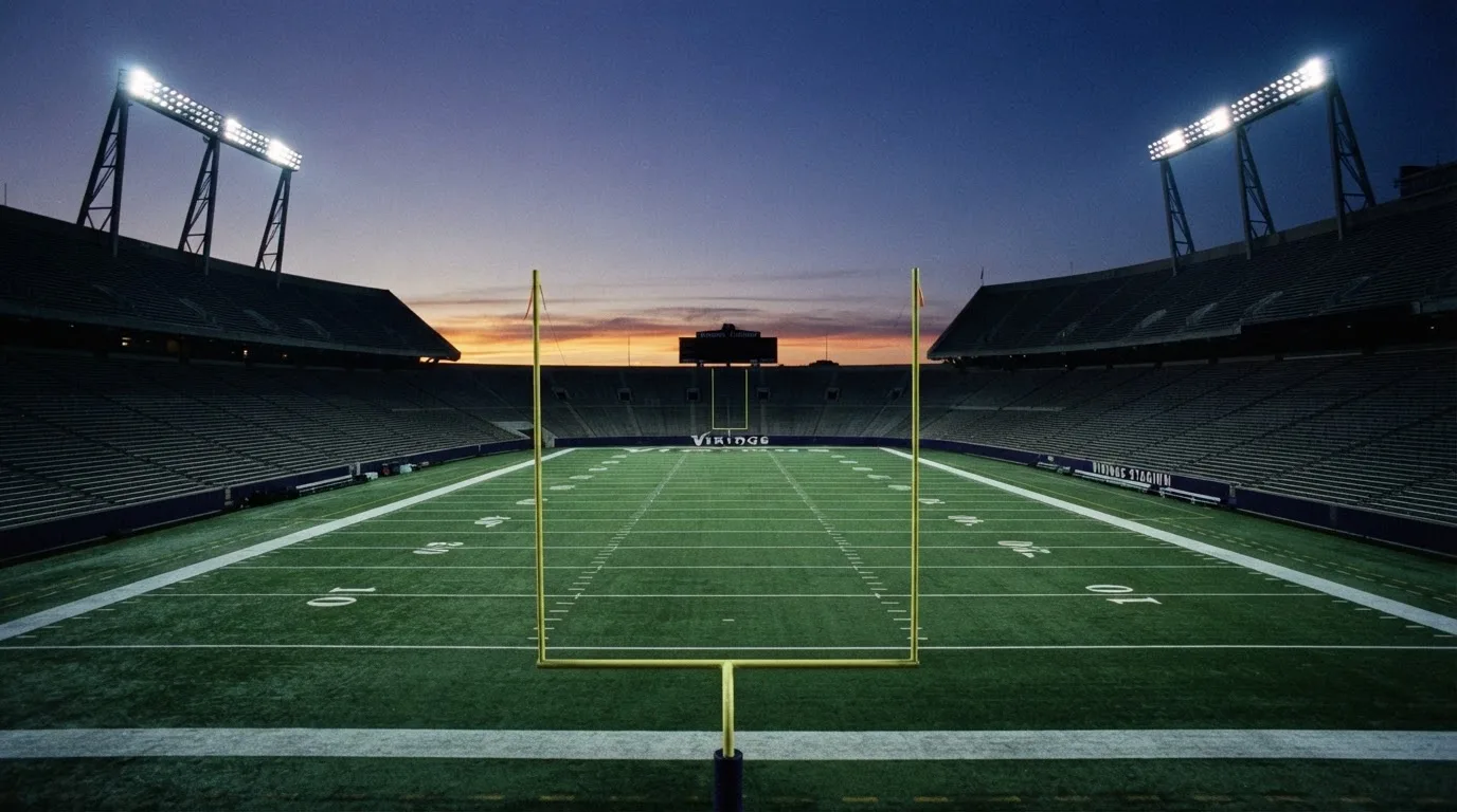 An empty football stadium with floodlight masts at dusk