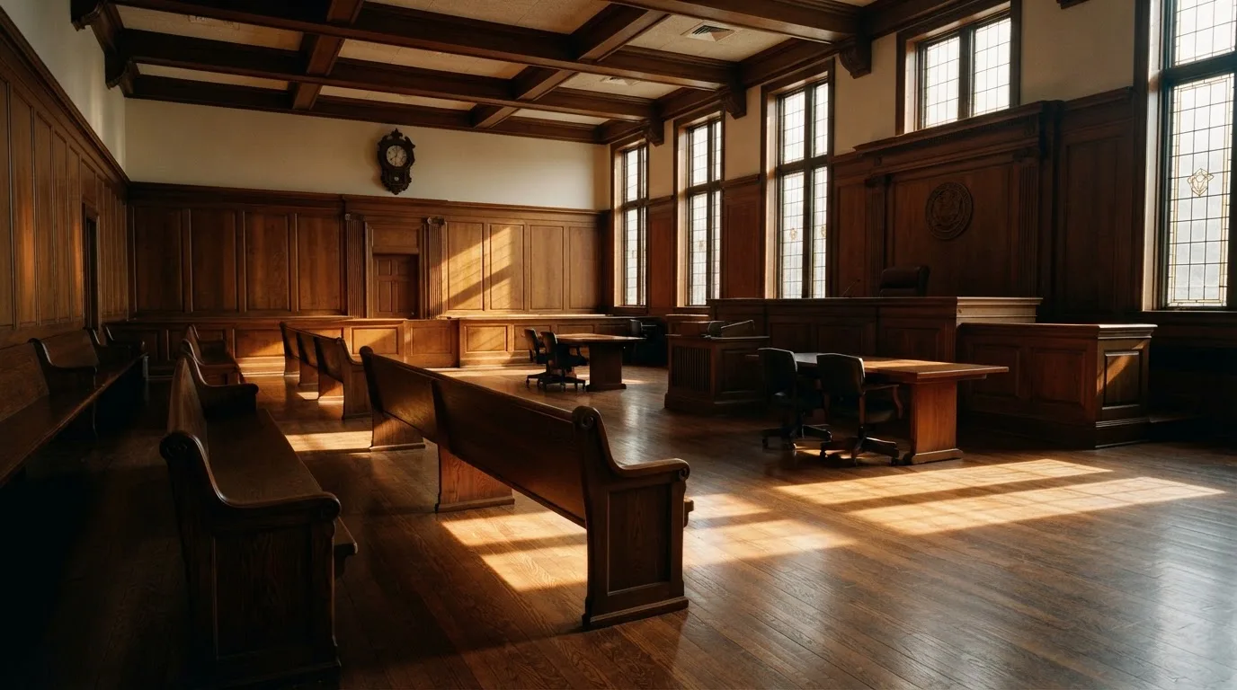 An empty courtroom with wooden benches in morning light