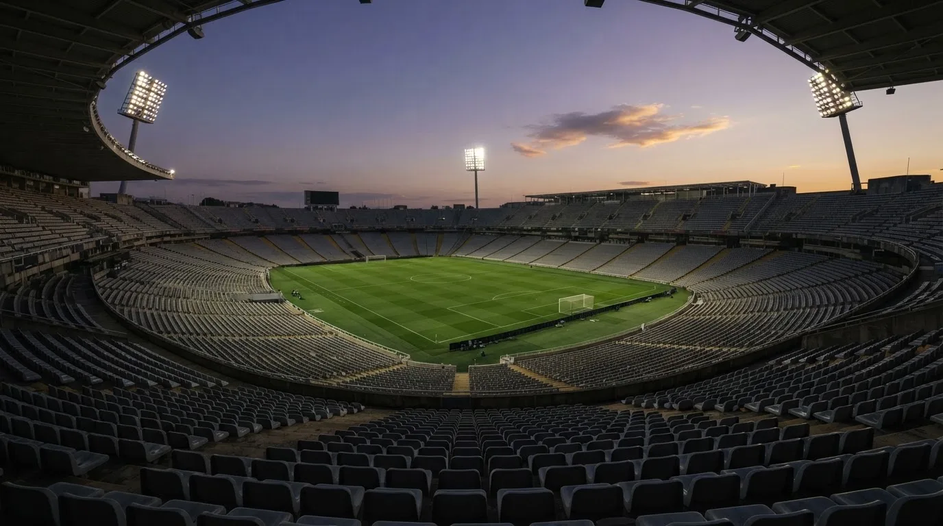 An empty football stadium with floodlight masts at dusk