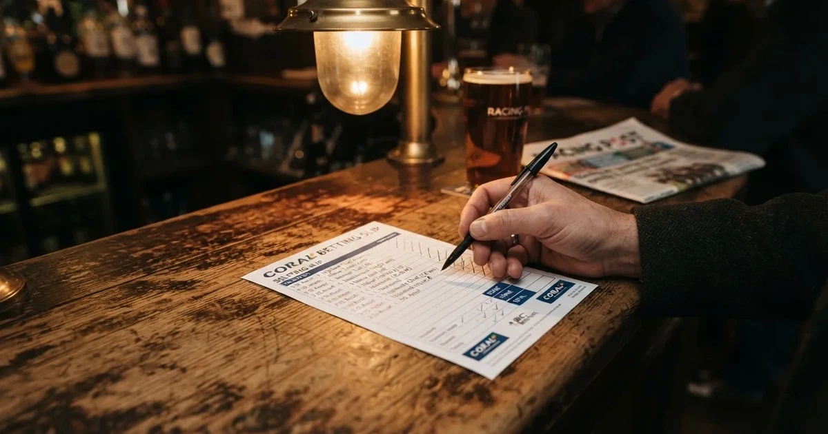 A blank paper betting slip beside a pen on a wooden counter