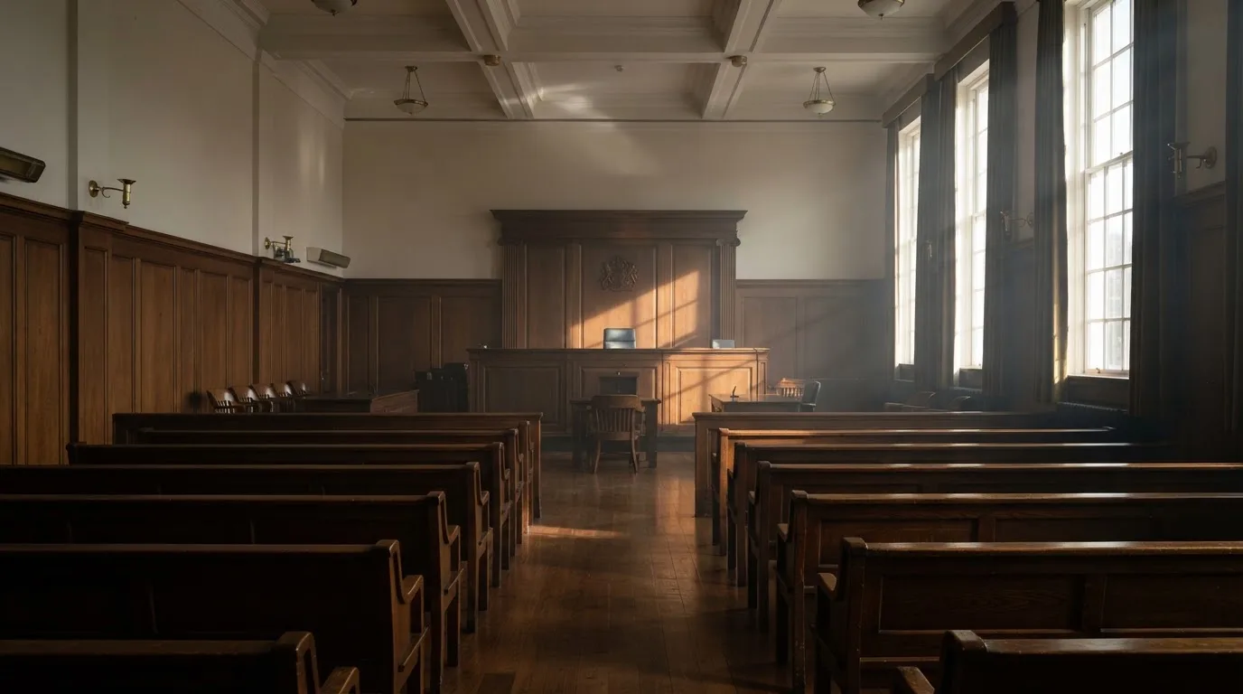 An empty courtroom with wooden benches in morning light