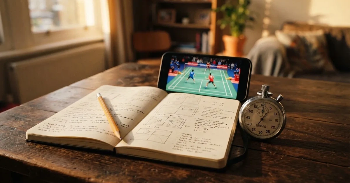 An open notebook with a pencil and a stopwatch on a wooden table