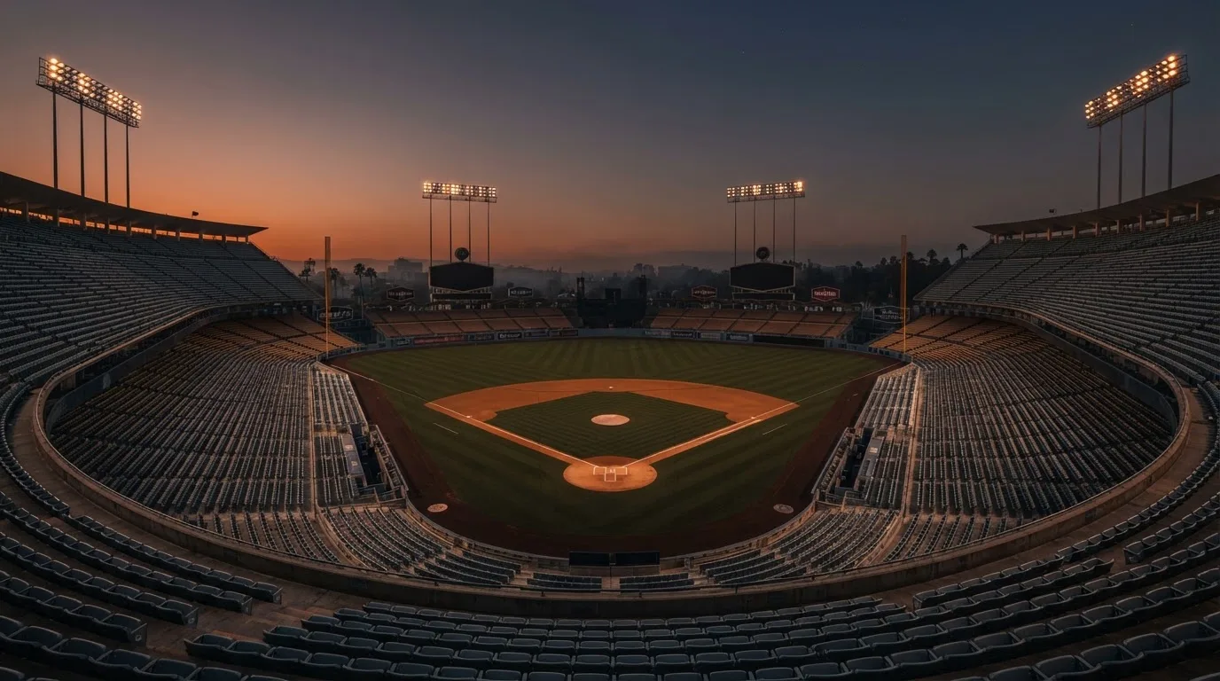An empty football stadium with floodlight masts at dusk