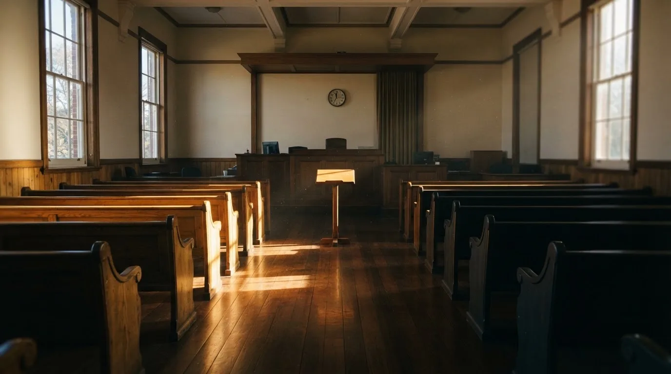 An empty courtroom with wooden benches in morning light