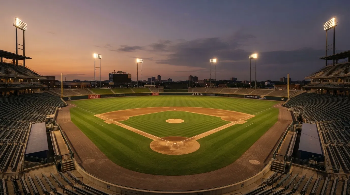 An empty football stadium with floodlight masts at dusk