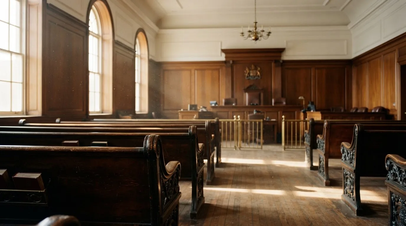 An empty courtroom with wooden benches in morning light