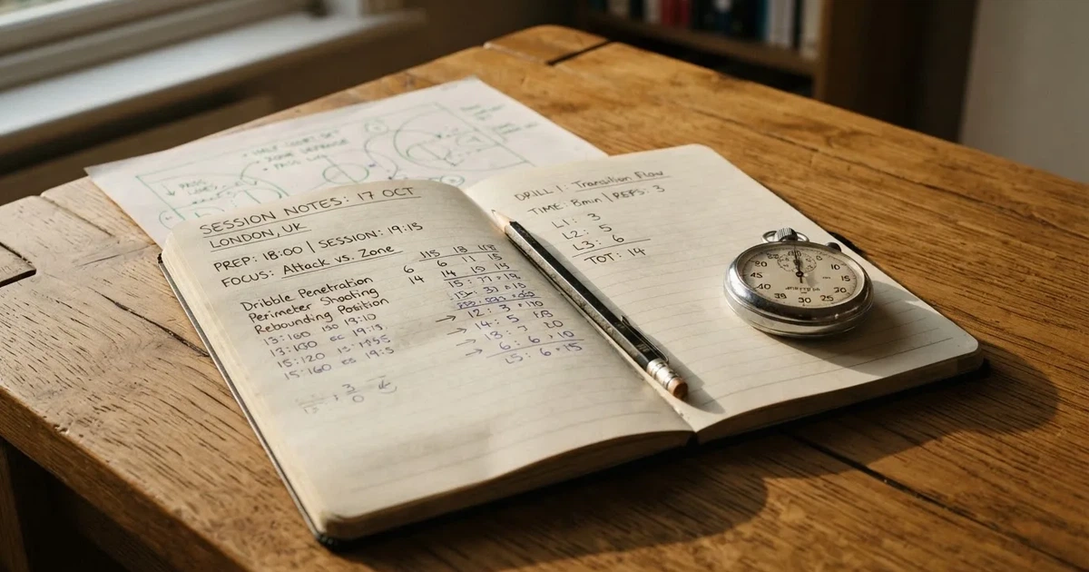 An open notebook with a pencil and a stopwatch on a wooden table