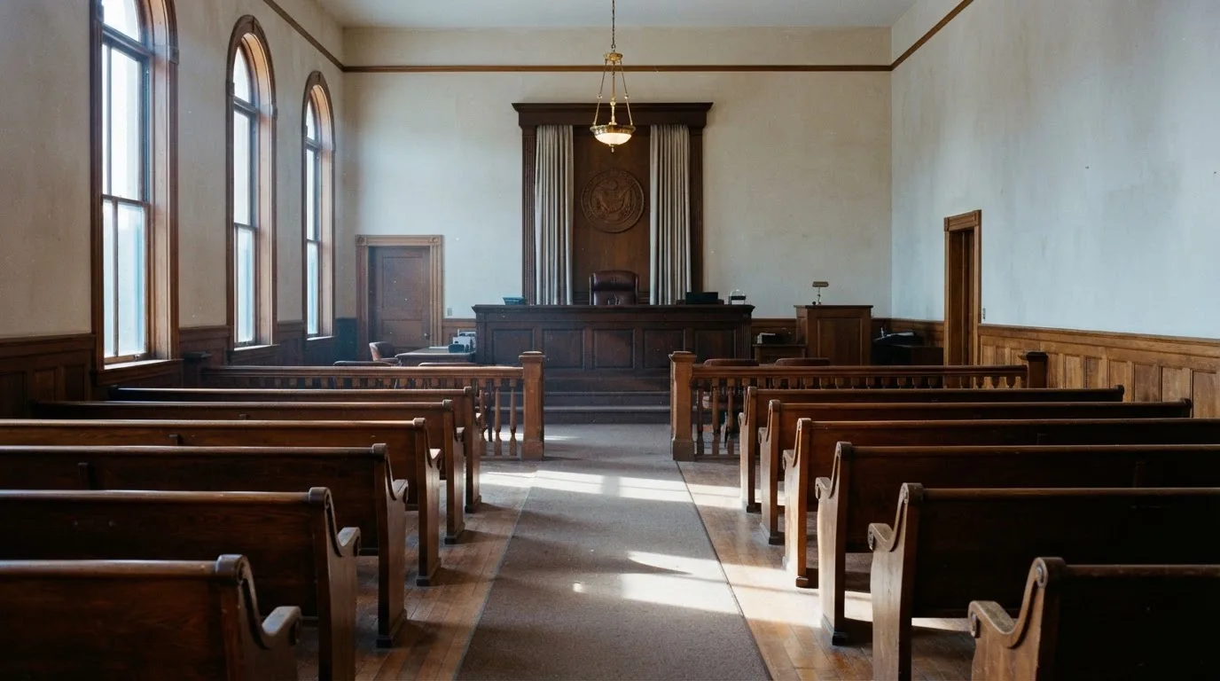 An empty courtroom with wooden benches in morning light