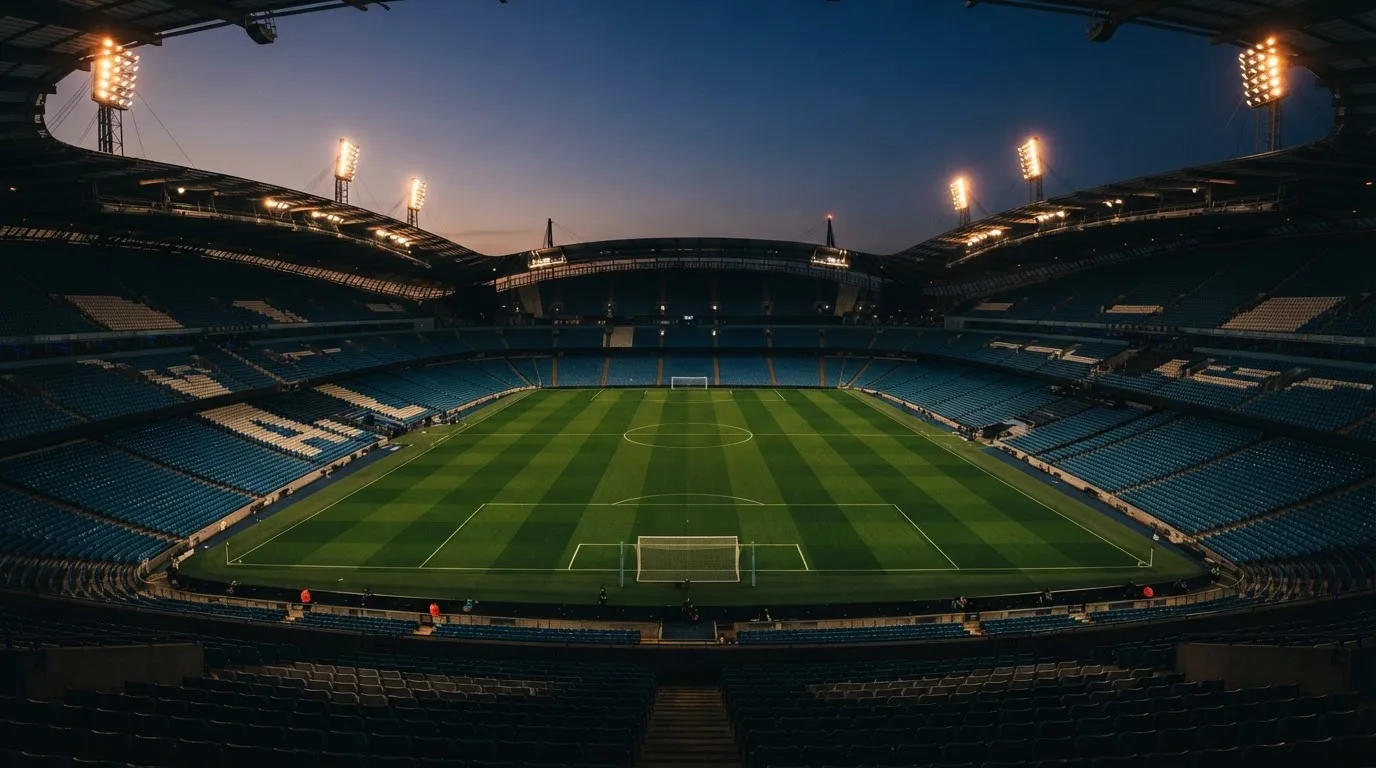 An empty football stadium with floodlight masts at dusk