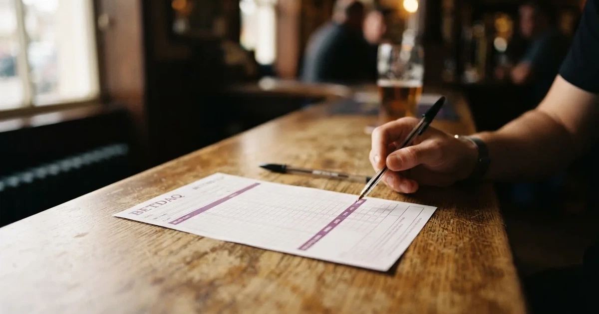 A blank paper betting slip beside a pen on a wooden counter