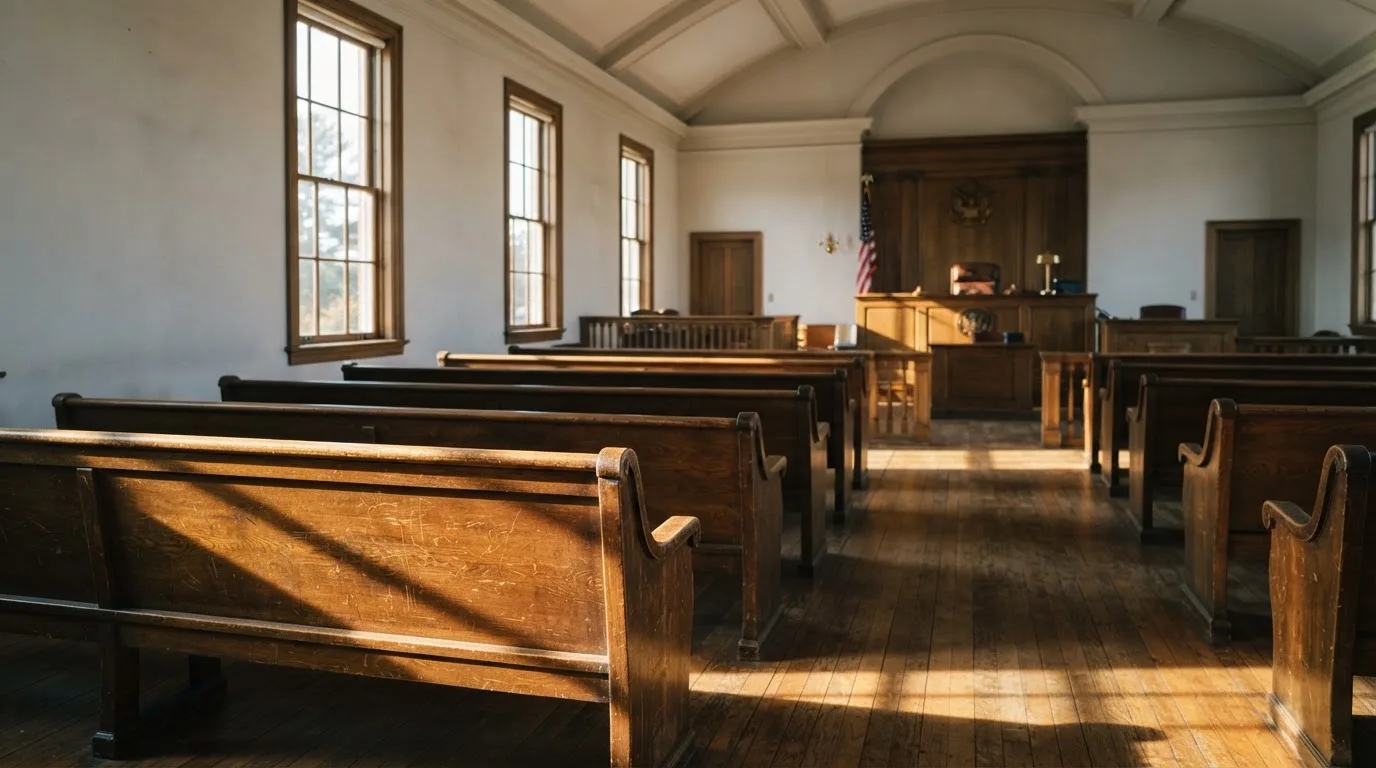 An empty courtroom with wooden benches in morning light