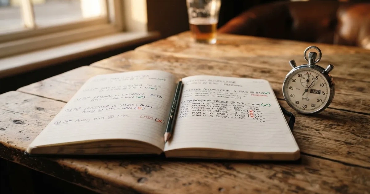 An open notebook with a pencil and a stopwatch on a wooden table