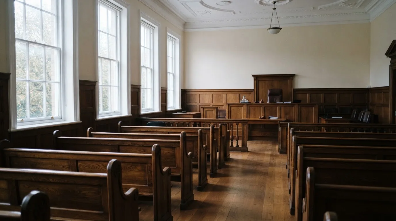 An empty courtroom with wooden benches in morning light