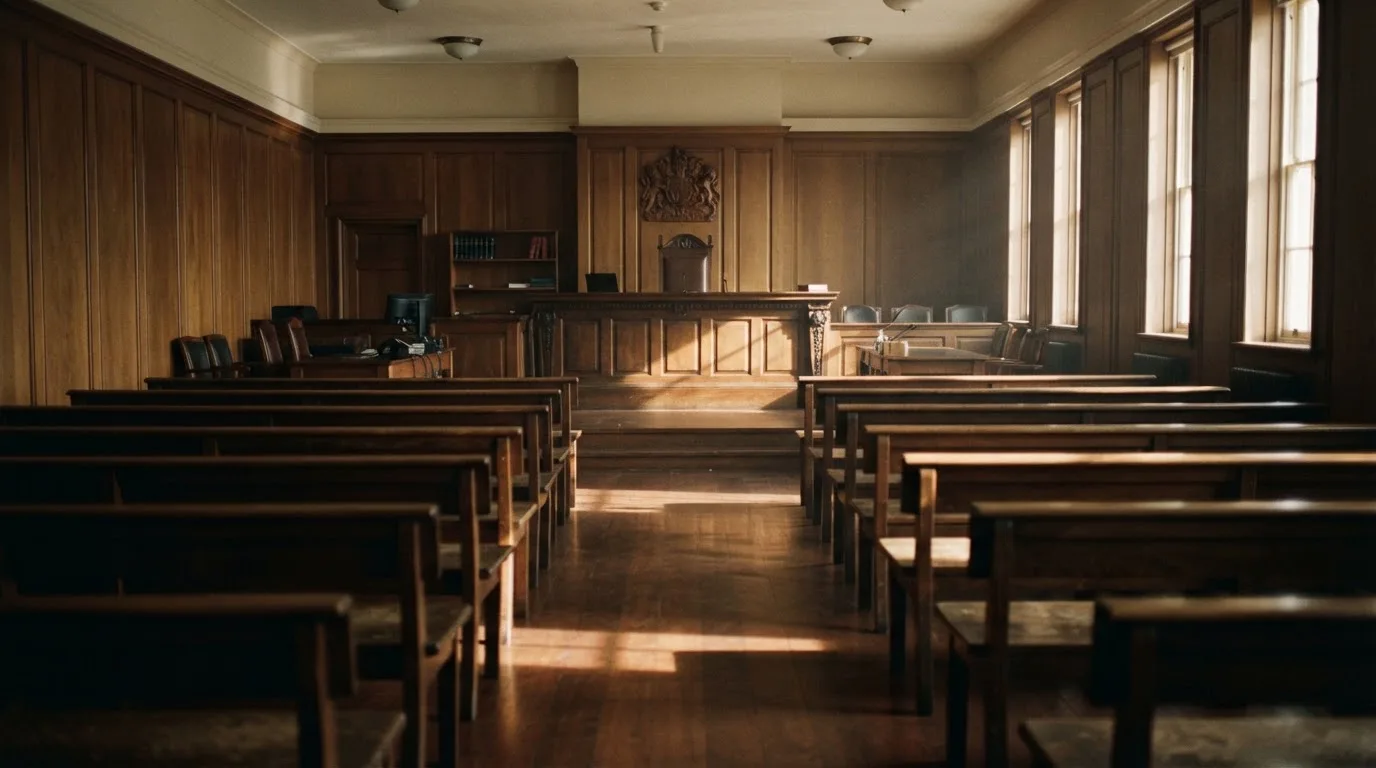 An empty courtroom with wooden benches in morning light