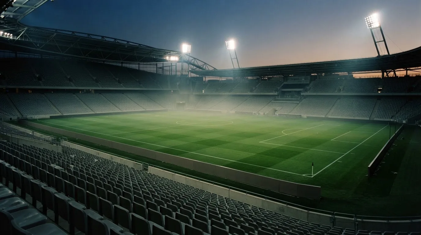 An empty football stadium with floodlight masts at dusk