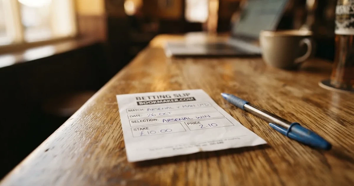 A blank paper betting slip beside a pen on a wooden counter