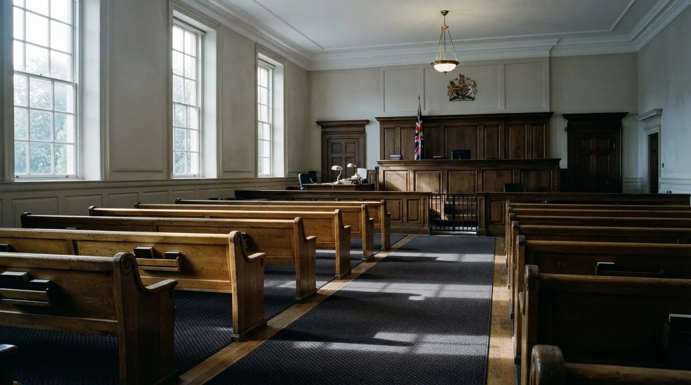 An empty courtroom with wooden benches in morning light