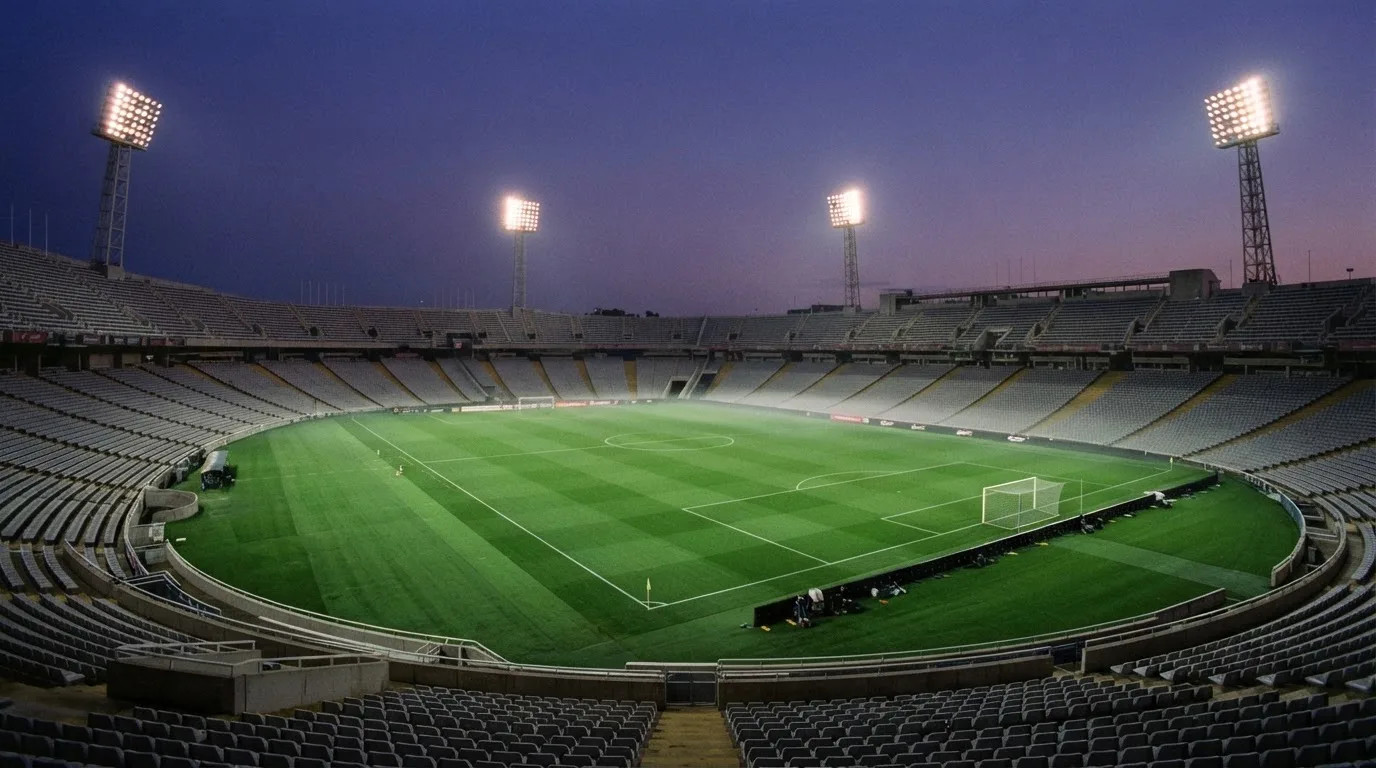 An empty football stadium with floodlight masts at dusk