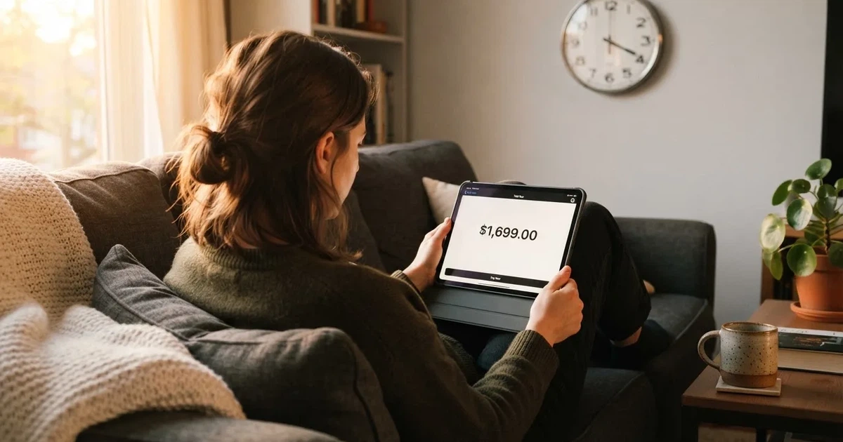 A person on a sofa looking thoughtfully at a tablet, a wall clock in the background