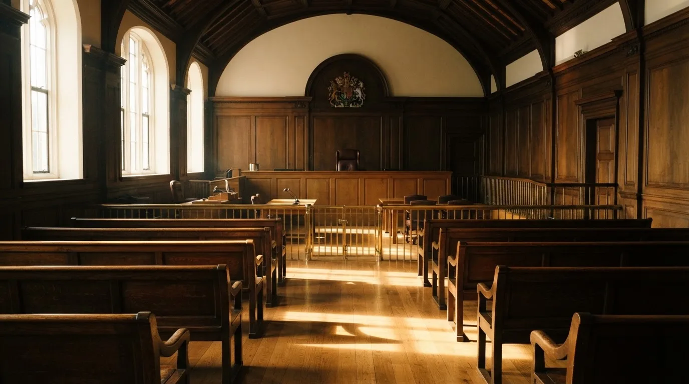 An empty courtroom with wooden benches in morning light