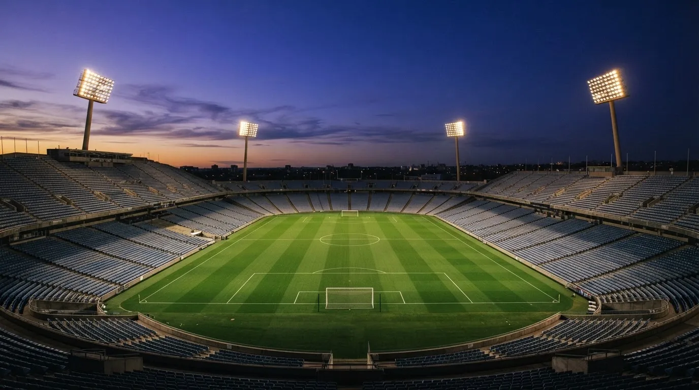 An empty football stadium with floodlight masts at dusk