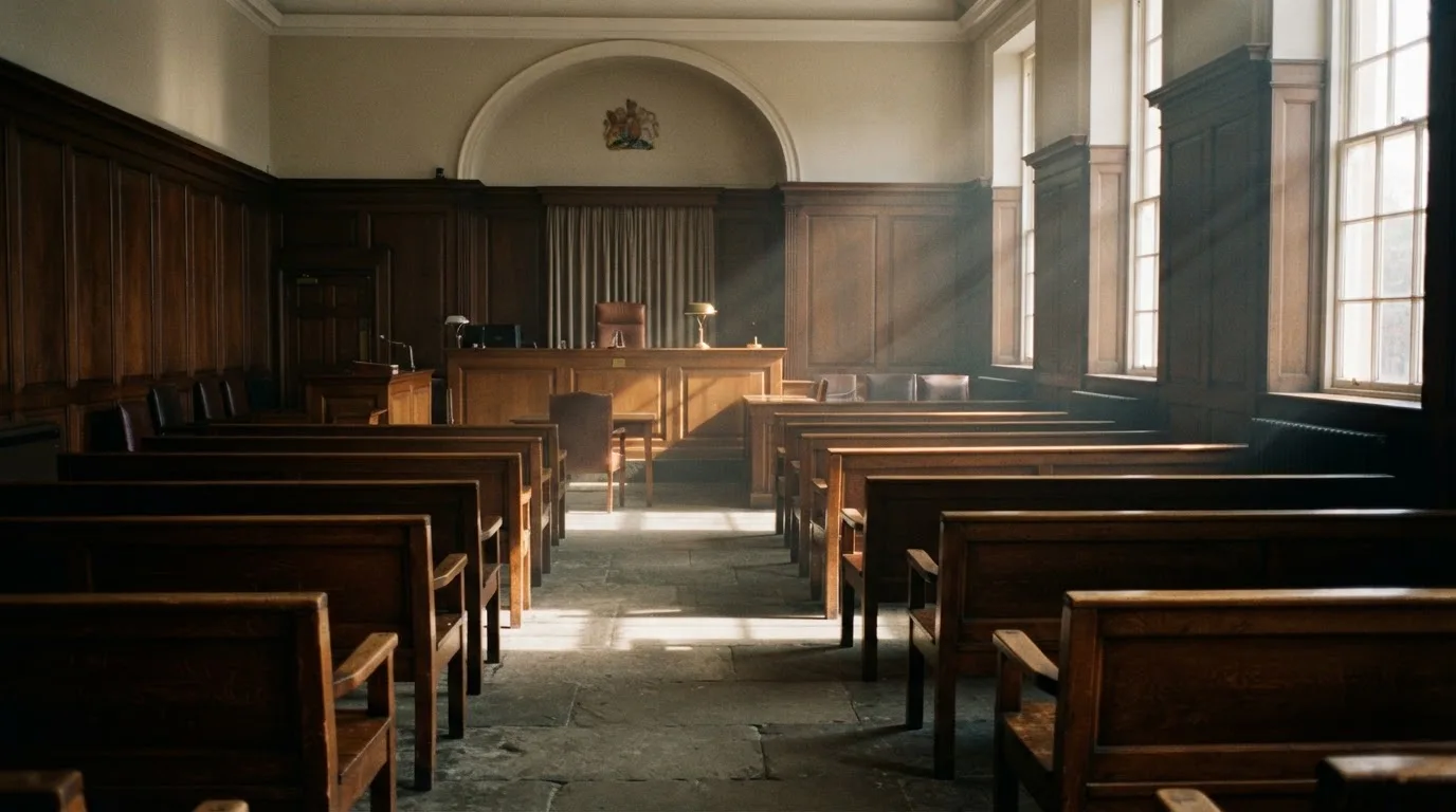 An empty courtroom with wooden benches in morning light