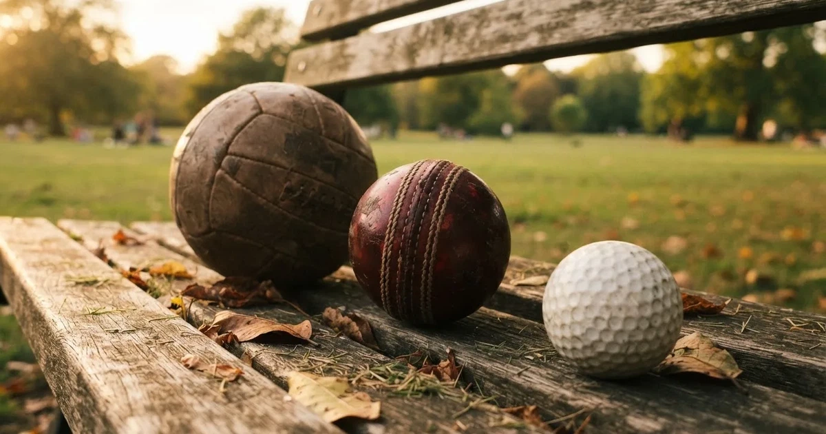 Three balls of different kinds side by side on a wooden bench