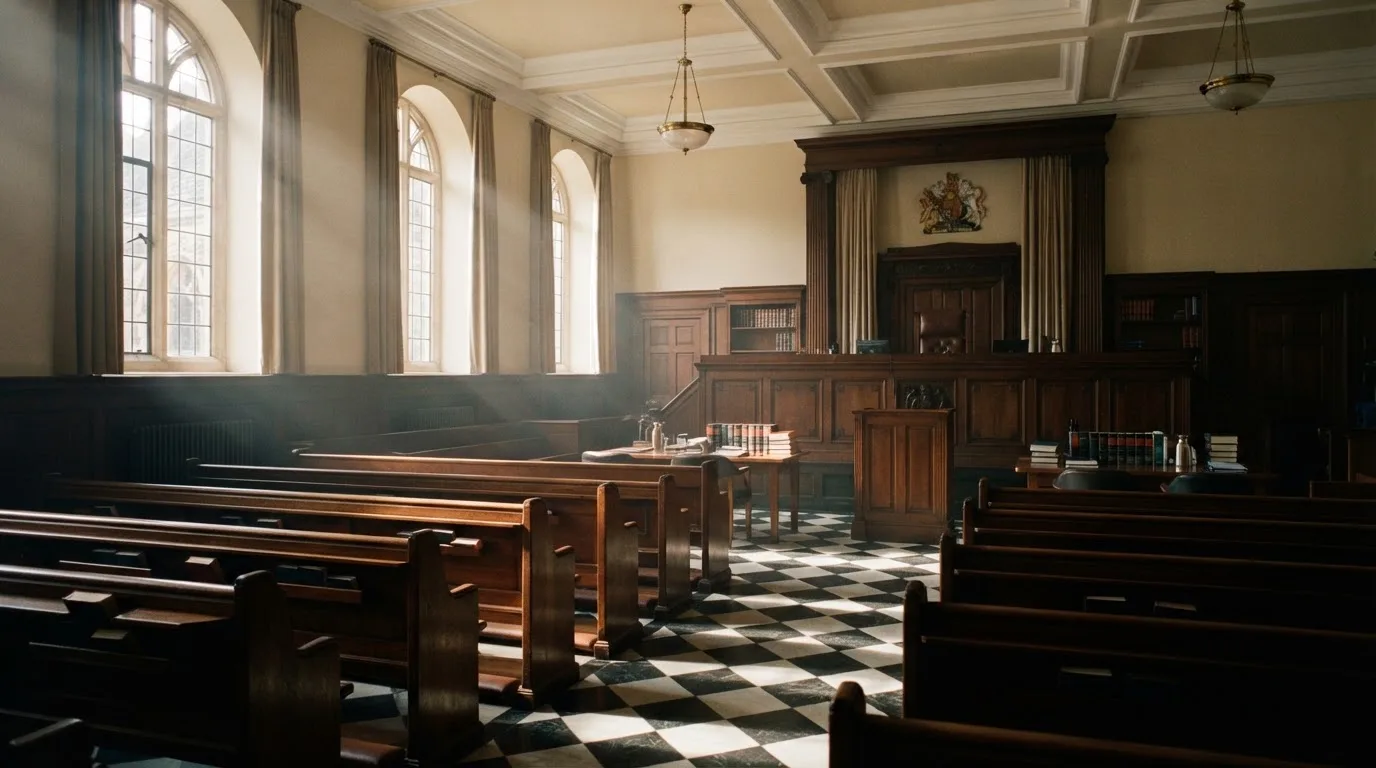 An empty courtroom with wooden benches in morning light