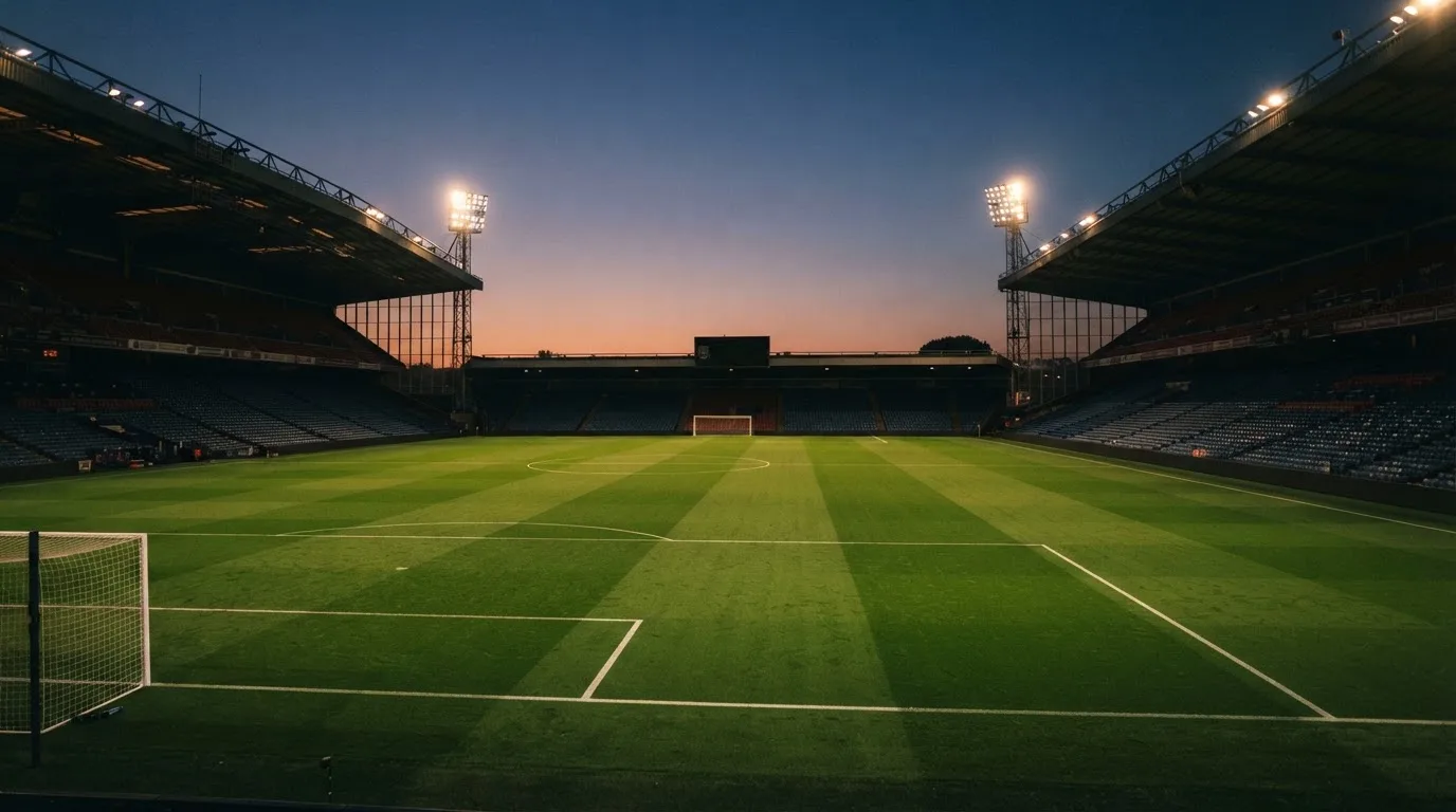 An empty football stadium with floodlight masts at dusk