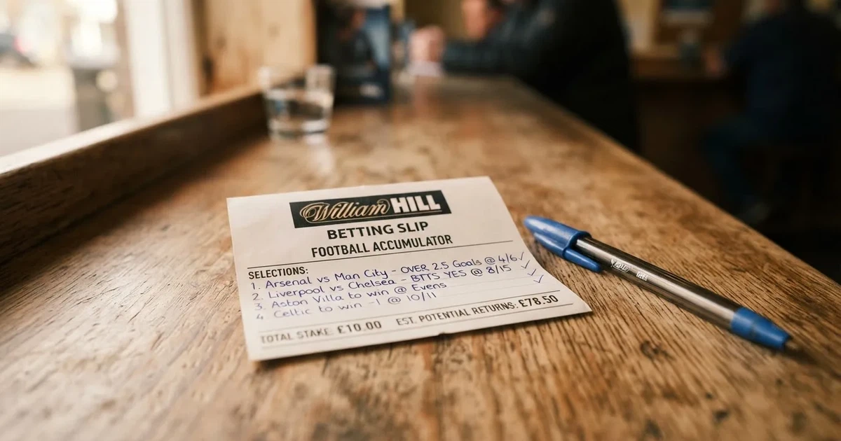 A blank paper betting slip beside a pen on a wooden counter