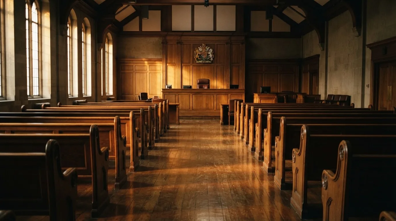 An empty courtroom with wooden benches in morning light