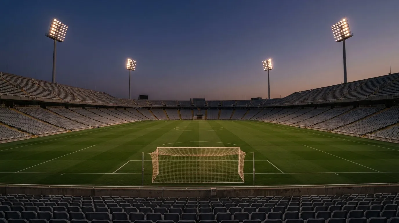 An empty football stadium with floodlight masts at dusk