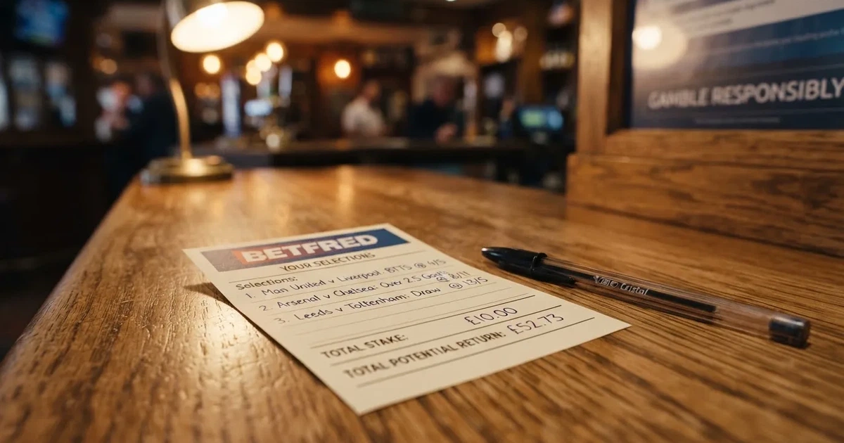 A blank paper betting slip beside a pen on a wooden counter