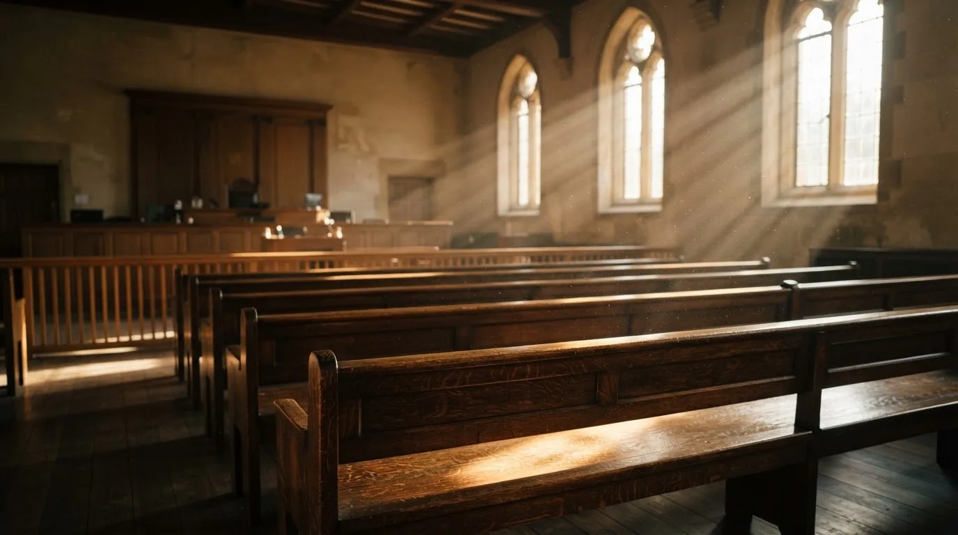 An empty courtroom with wooden benches in morning light