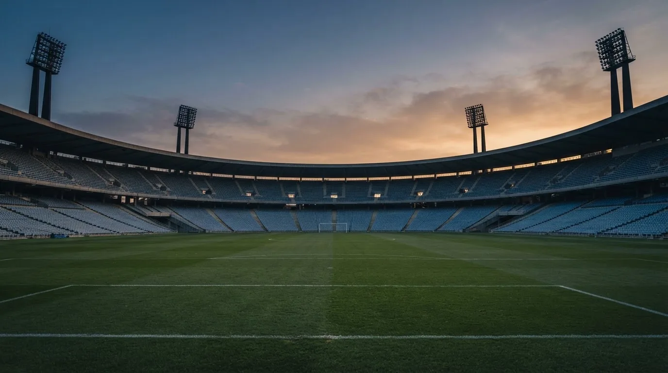 An empty football stadium with floodlight masts at dusk