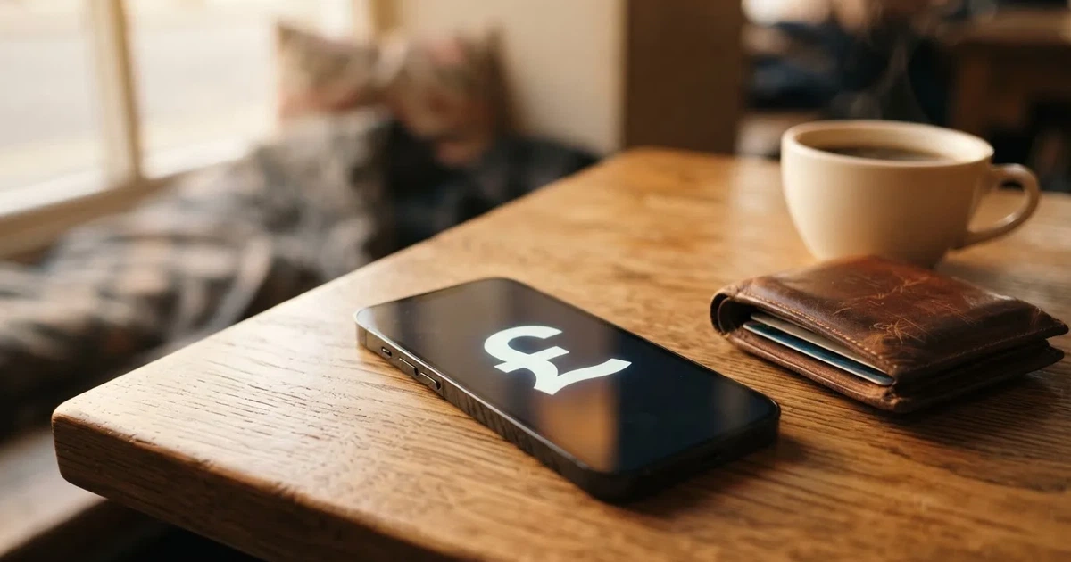 A smartphone on a wooden table beside a wallet and a coffee cup
